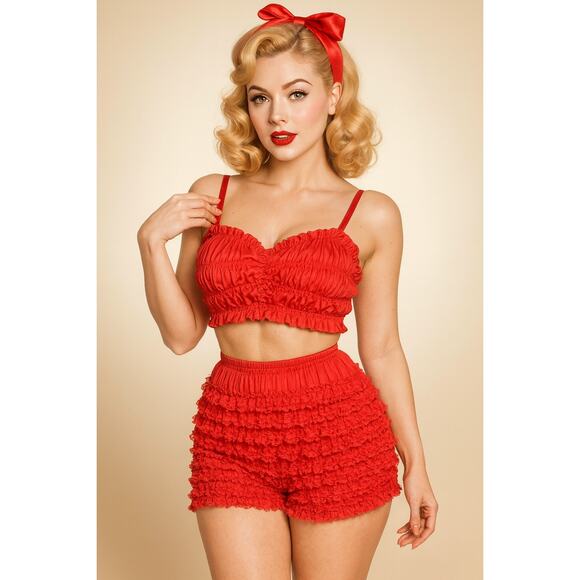 Vintage Other - Vintage 50's Red Ruffle Lace Bloomer High Waist Shorts M Rockabilly Coquette